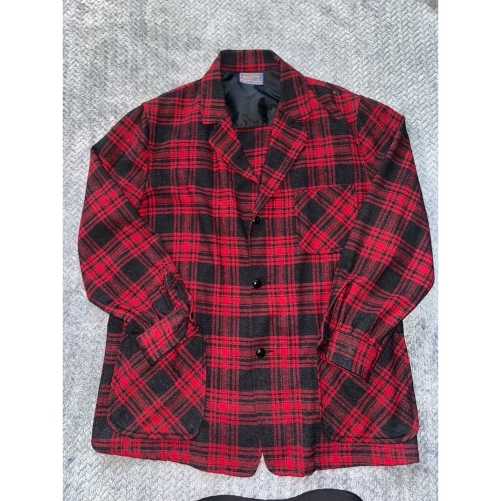 Vintage Pendleton Men's Blazer Jacket Red Plaid Wool Pockets Button Front Sz L